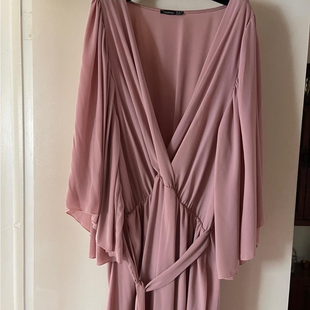 Pink V-Neck Dress with Flowing Sleeves - Plus Size